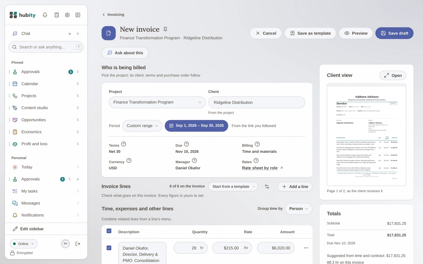 La facture du mois dernier d'un projet dans l'éditeur de factures de Hubity : les heures approuvées par personne, aux montants renvoyés par l'aperçu de facturation de l'assistant, avant toute écriture.