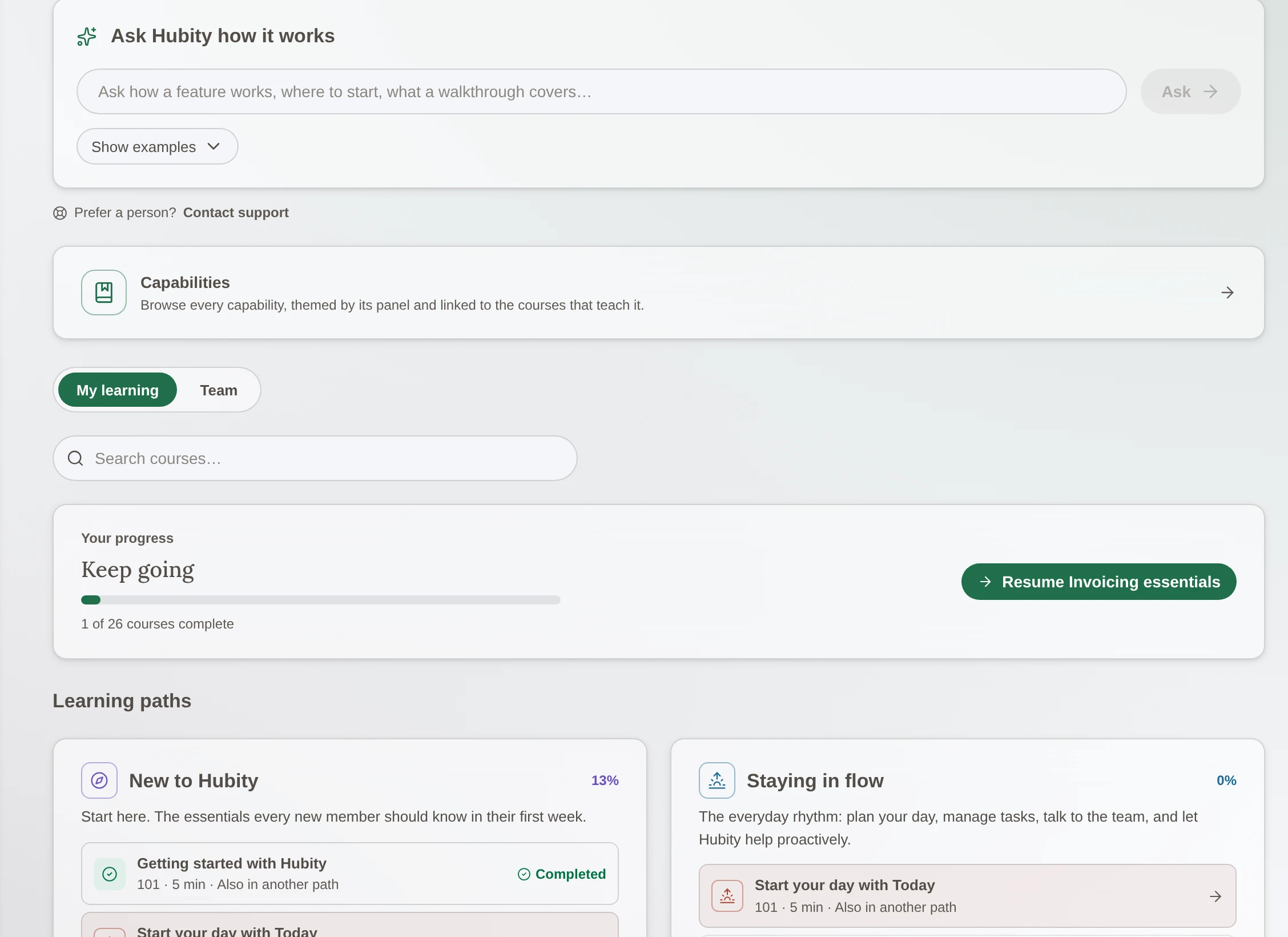 Short courses and learning paths, right where the work happens. No separate system to log into.